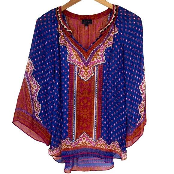 Hale Bob Beaded Purple Silk Paisley Print Peasant Top Size XS Rich Hippie Boho - Picture 1 of 7